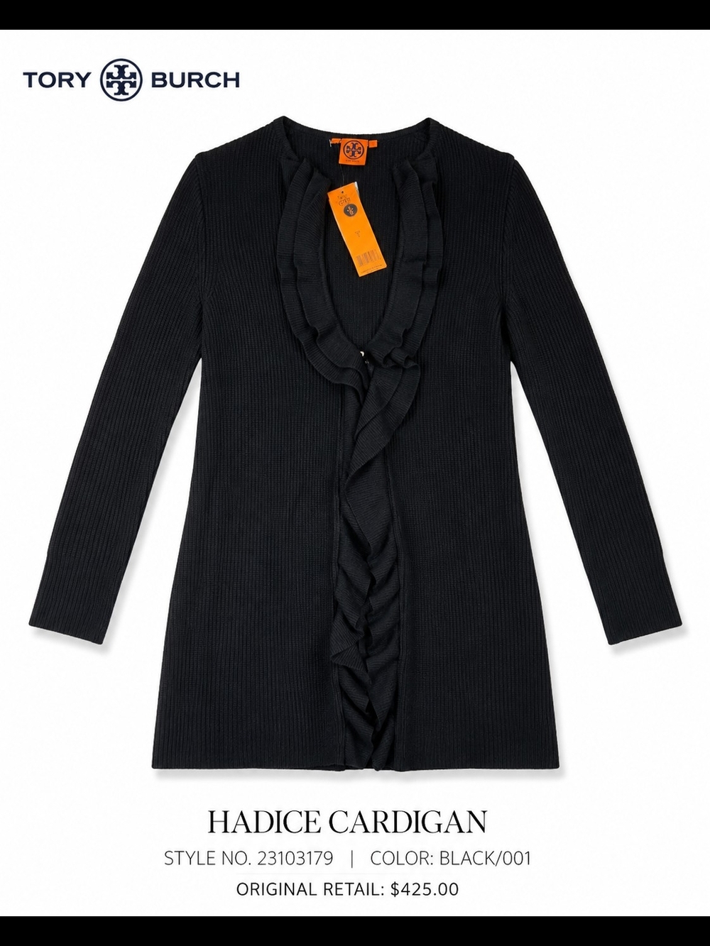 Tory Burch Black Ruffled-Front Ribbed Cardigan
